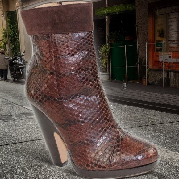 Dolce & Gabbana Brown Exotic Python Leather Suede Cuff Low-Calf Boot, Size 36.5 - Picture 1 of 10